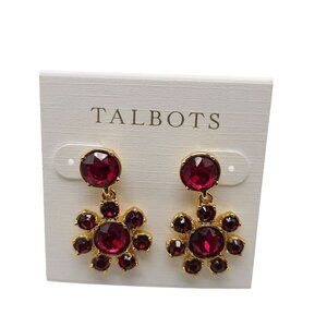 Talbots Red Crystal Flower Gold-Tone Drop Earrings